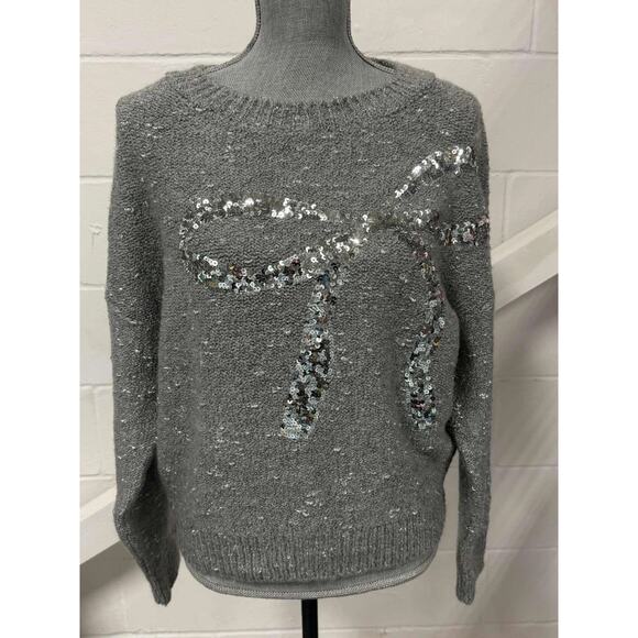 Maeve Anthropologie Sequin Bow Sweater Women’s XS Gray Crew Neck Long Sleeve NWT - Picture 1 of 9